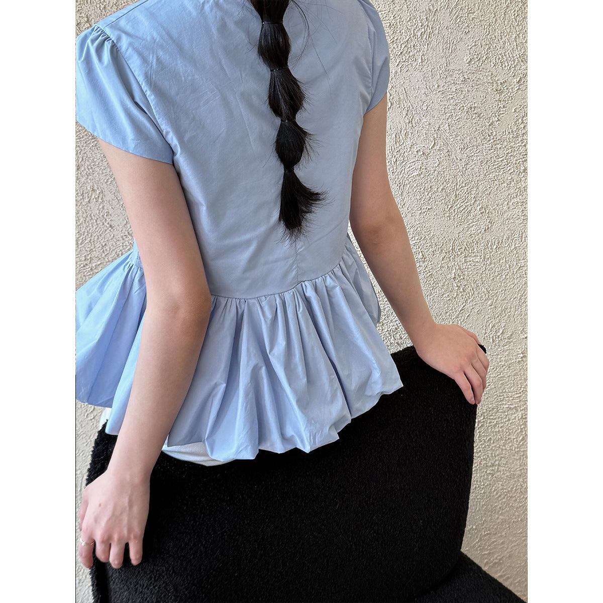 Temperament versatile splicing pleated hem lace T-shirt spring and summer new simple niche top short sleeve