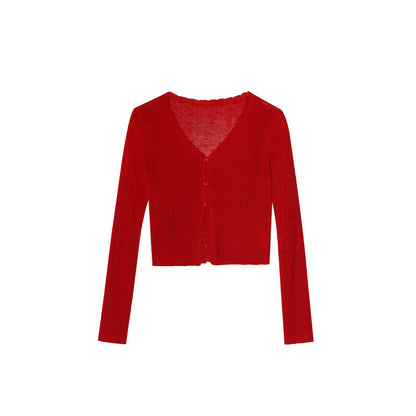 Thin knitted sweater commuter versatile single-breasted v-neck sunscreen shirt