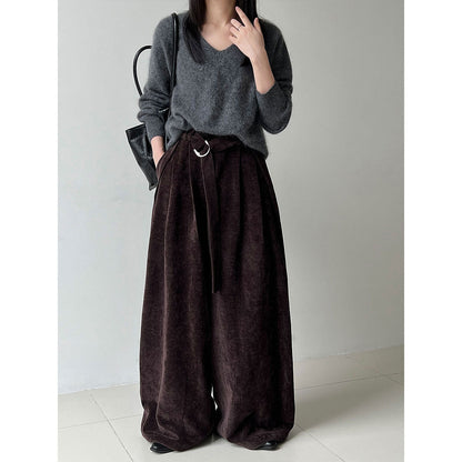 Korean retro chenille wide-leg trousers women's autumn new commuter versatile buckle casual trousers