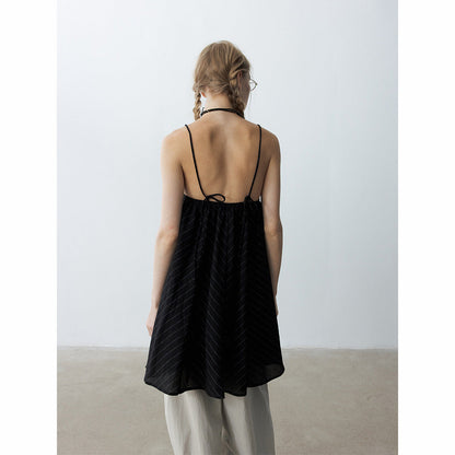Summer casual V-neck hemp striped simple short double-root suspender dress
