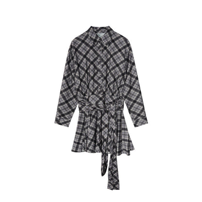 Literary retro waist plaid shirt dress