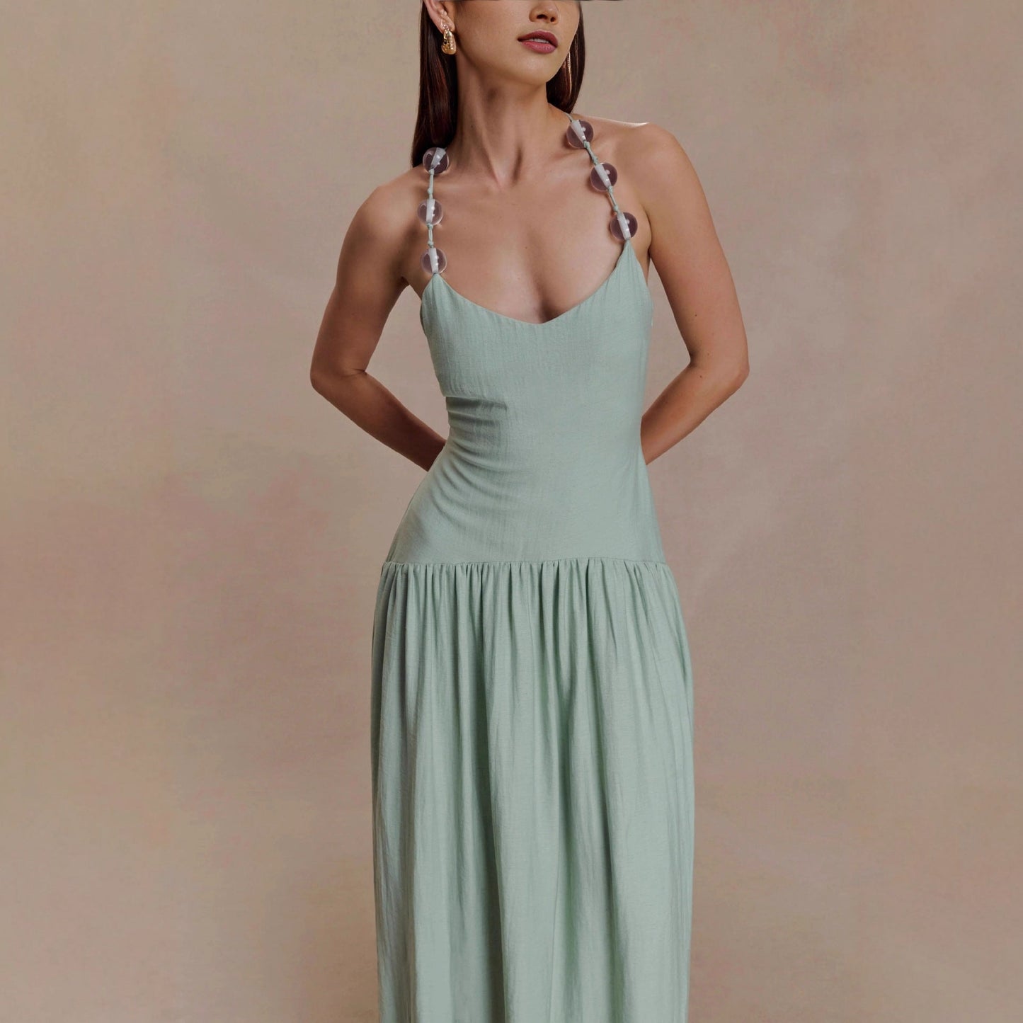 Fashion temperament Elegant V-neck beaded suspender skirt waist backless sexy dress