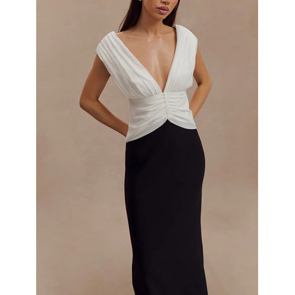 V-neck dress high-end celebrity style splicing temperament elegant long dress women's hip skirt