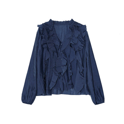Early spring French gentle ruffle edge temperament elegant drape shirt