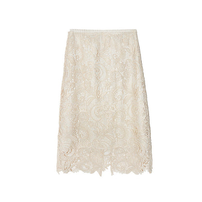 Early spring French celebrity stunning high waist temperament hollow lace skirt