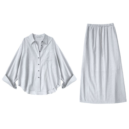 cotton and linen striped shirt + skirt of the same color