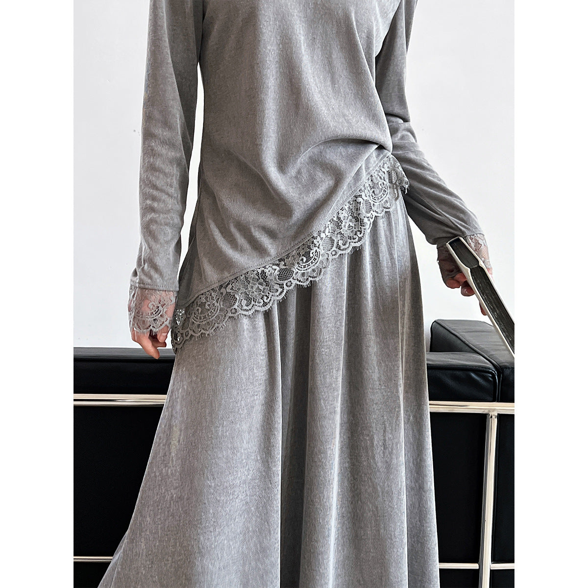 Giant Skinny Set~ Korean Lazy Slack Slant Hoop Lace Top + Skirt Two-piece Set