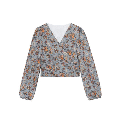 Floral shirt women's long-sleeved slim-fitting v-neck one-piece shirt