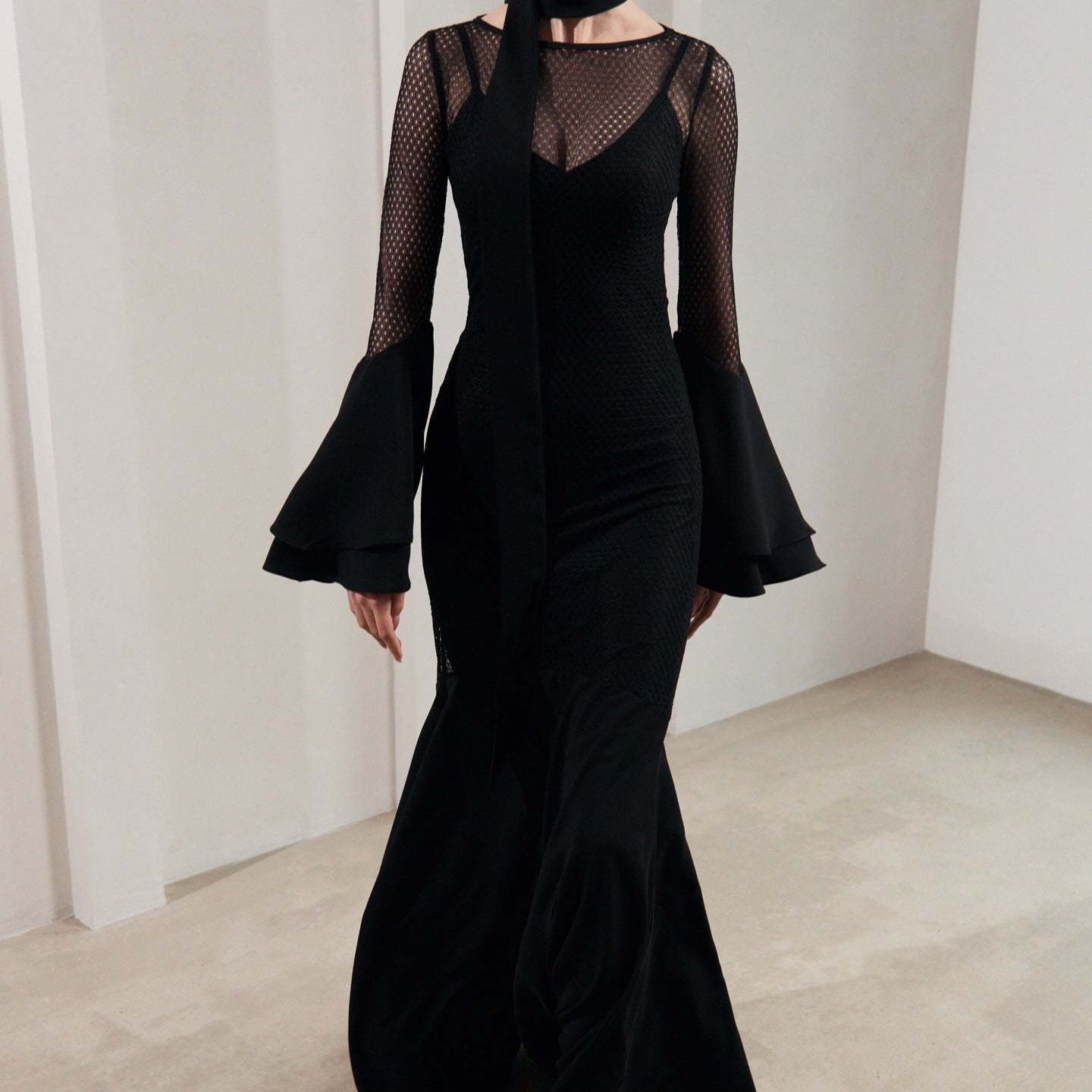 Perspective dress high waist hollow round  sexy horn sleeve hip dress