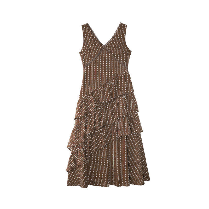 Summer French gentle temperament slim V-neck ruffle edge dress
