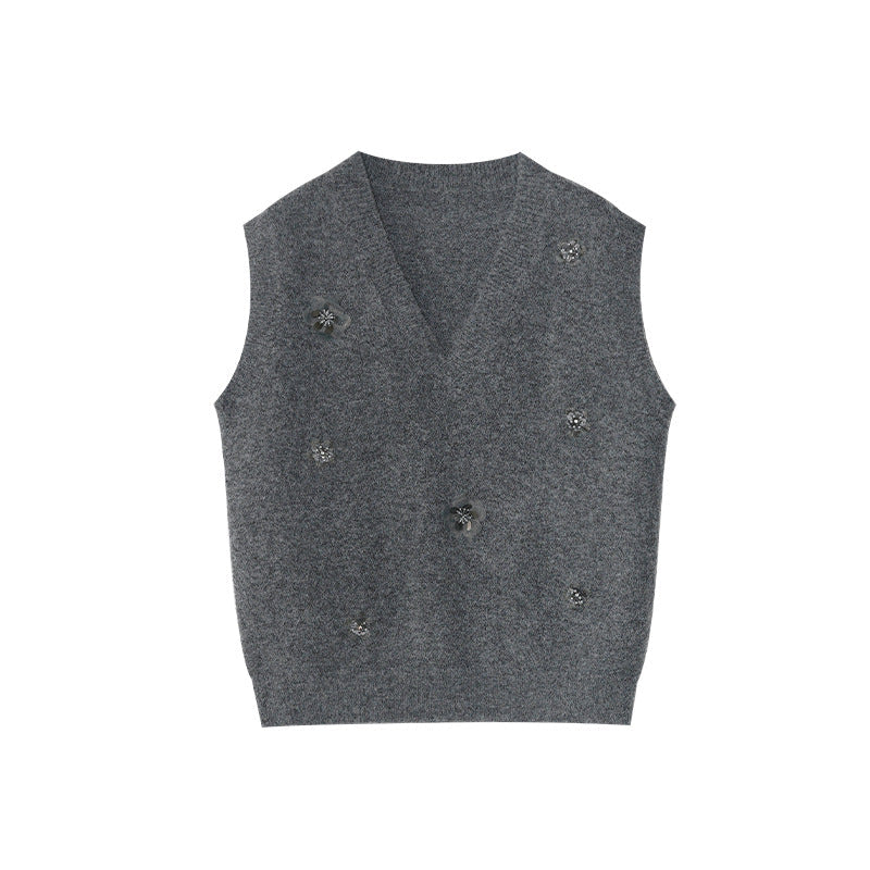 Sweet stacked three-dimensional flower wool v-neck sweater vest