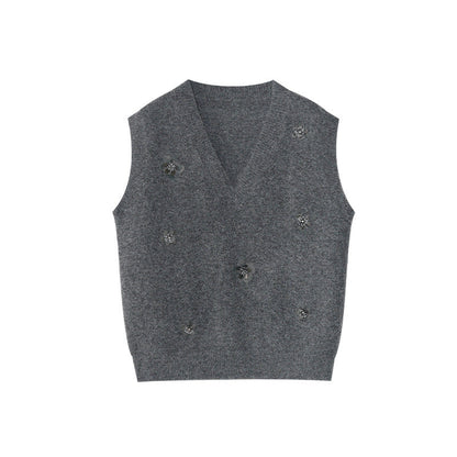 Sweet stacked three-dimensional flower wool v-neck sweater vest