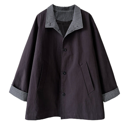 Plaid splicing stand-up collar British style medium and long trench coat women's autumn new silhouette loose coat