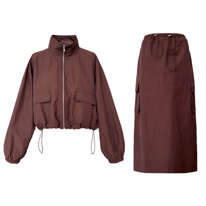American short jacket + drawstring skirt two-piece outdoor sports tooling suit women