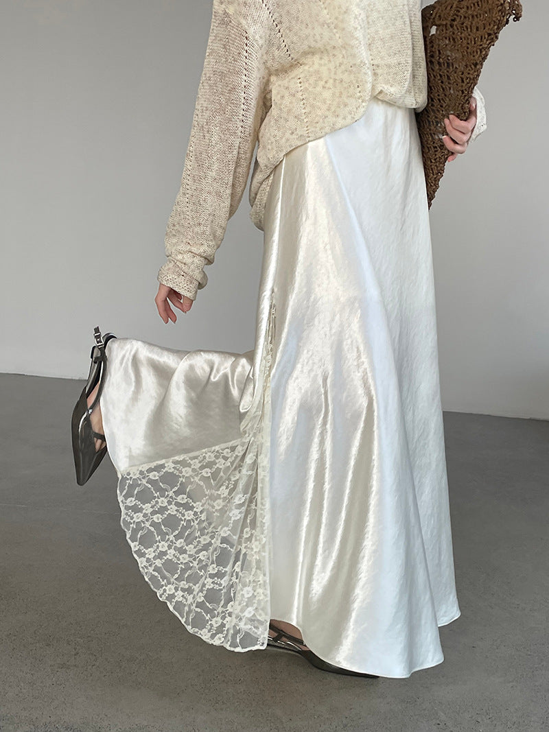 Satin Lace Large Swing Maxi Skirt