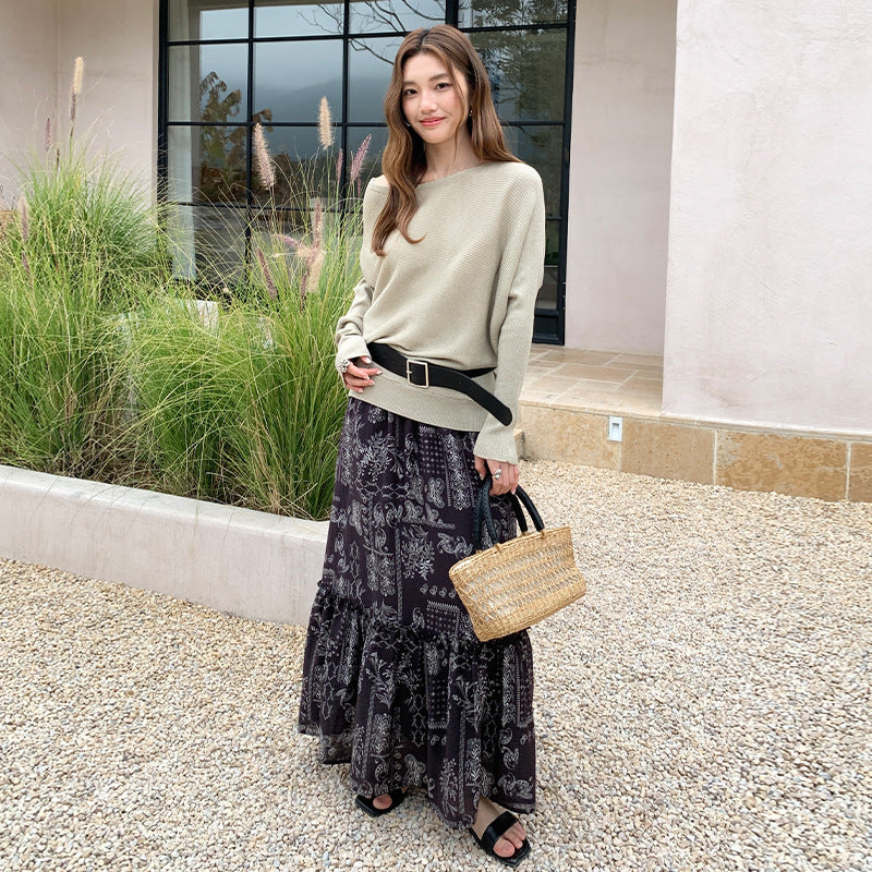 Temperament slanted shoulder knitted sweater women's spring soft waxy skin-friendly loose bat sleeve sweater