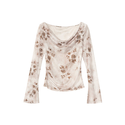 Design Swing Neck Slim Flower Long Sleeve Top