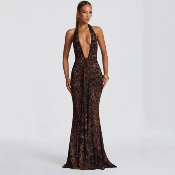 Sexy hip skirt streamer neck deep V-neck slim fit Spice Girl leopard print dress