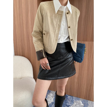 Vintage temperament imitation suede crew neck gold buckle jacket small man