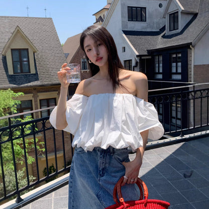 Sweet age-reducing bubble sleeve off-the-shoulder shirt