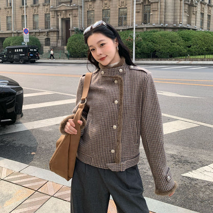 Vintage Plaid Asymmetrical Plush Women's Jacket