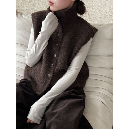 Simple temperament stand-up collar soft waxy wool knitted vest women's autumn new stacked lazy vest