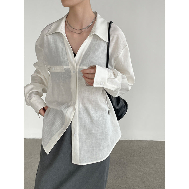 V-Neck Cotton Linen Long Sleeve Cardigan Shirt