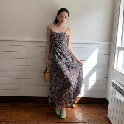 Holiday backless suspender floral dress long dress