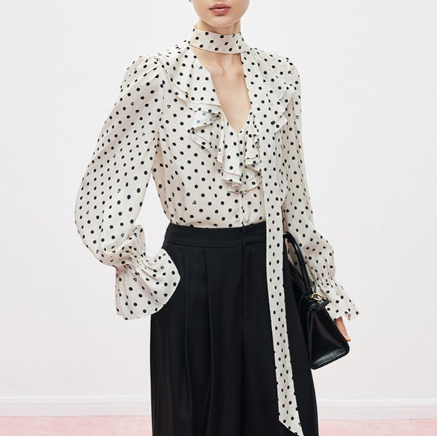 New French bow streamer polka dot card polka dot shirt women's autumn long-sleeved temperament satin top