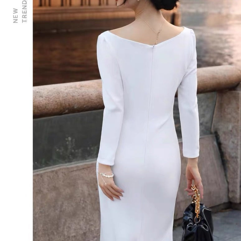 One-Shoulder Dress Women High Waist Slim Fit Pleated Bodycon Midi