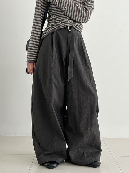 Three-dimensional pleated volume and texture wide-leg straight-leg pants women's autumn new versatile strap trousers