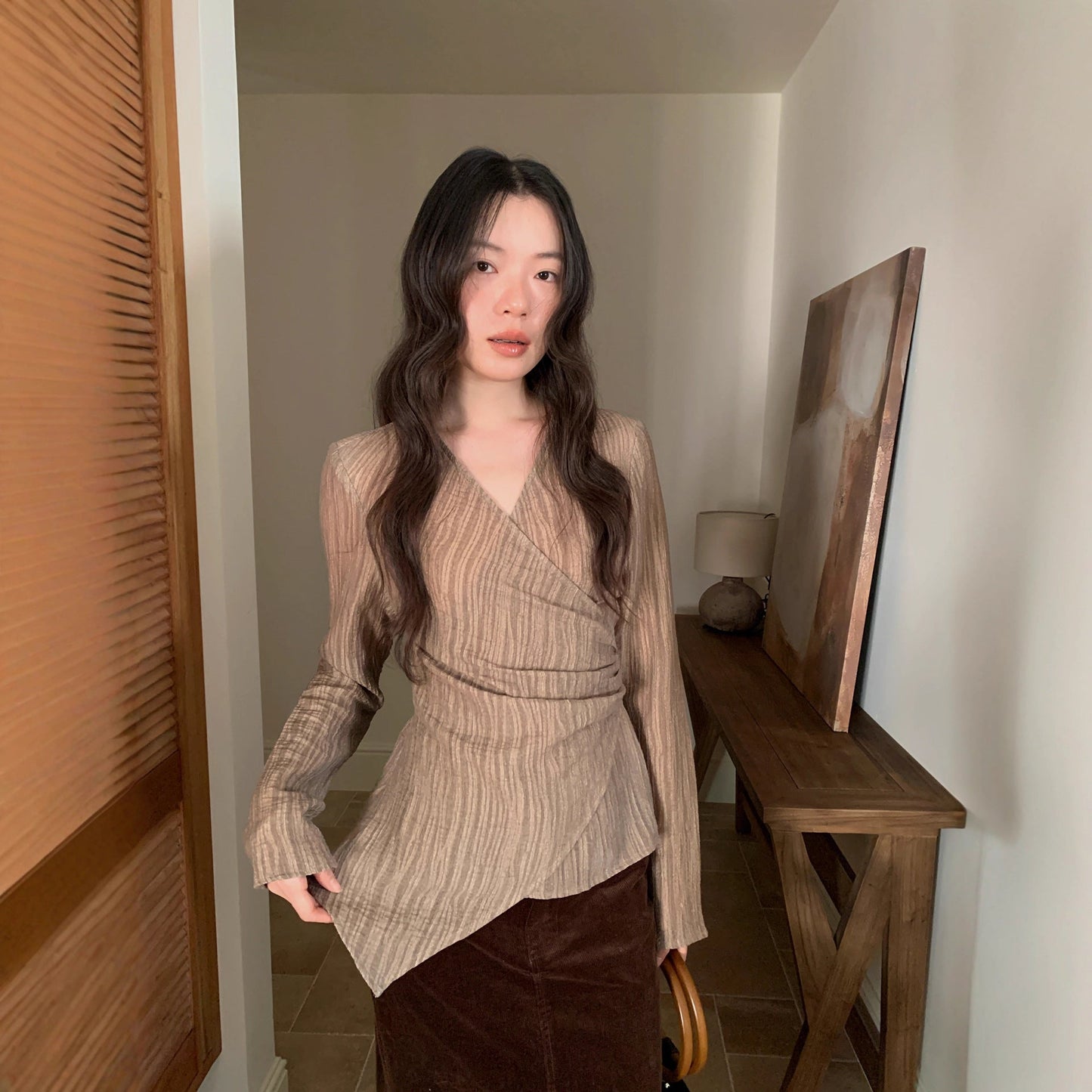 Coffee pleated irregular straps shirt top