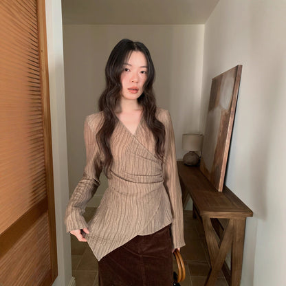 Coffee pleated irregular straps shirt top