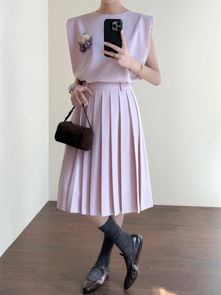 Summer gentle pink! Cover sleeve loose vest vest three-dimensional cut pleated skirt set