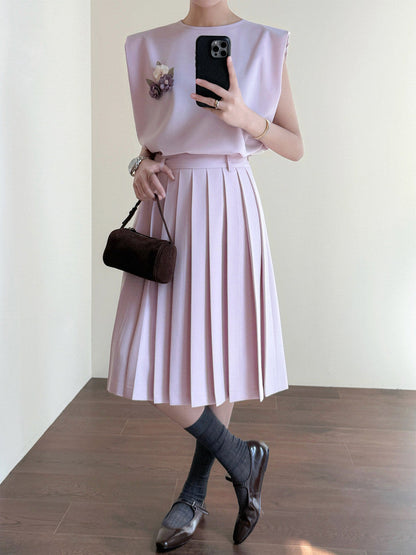 Summer gentle pink! Cover sleeve loose vest vest three-dimensional cut pleated skirt set