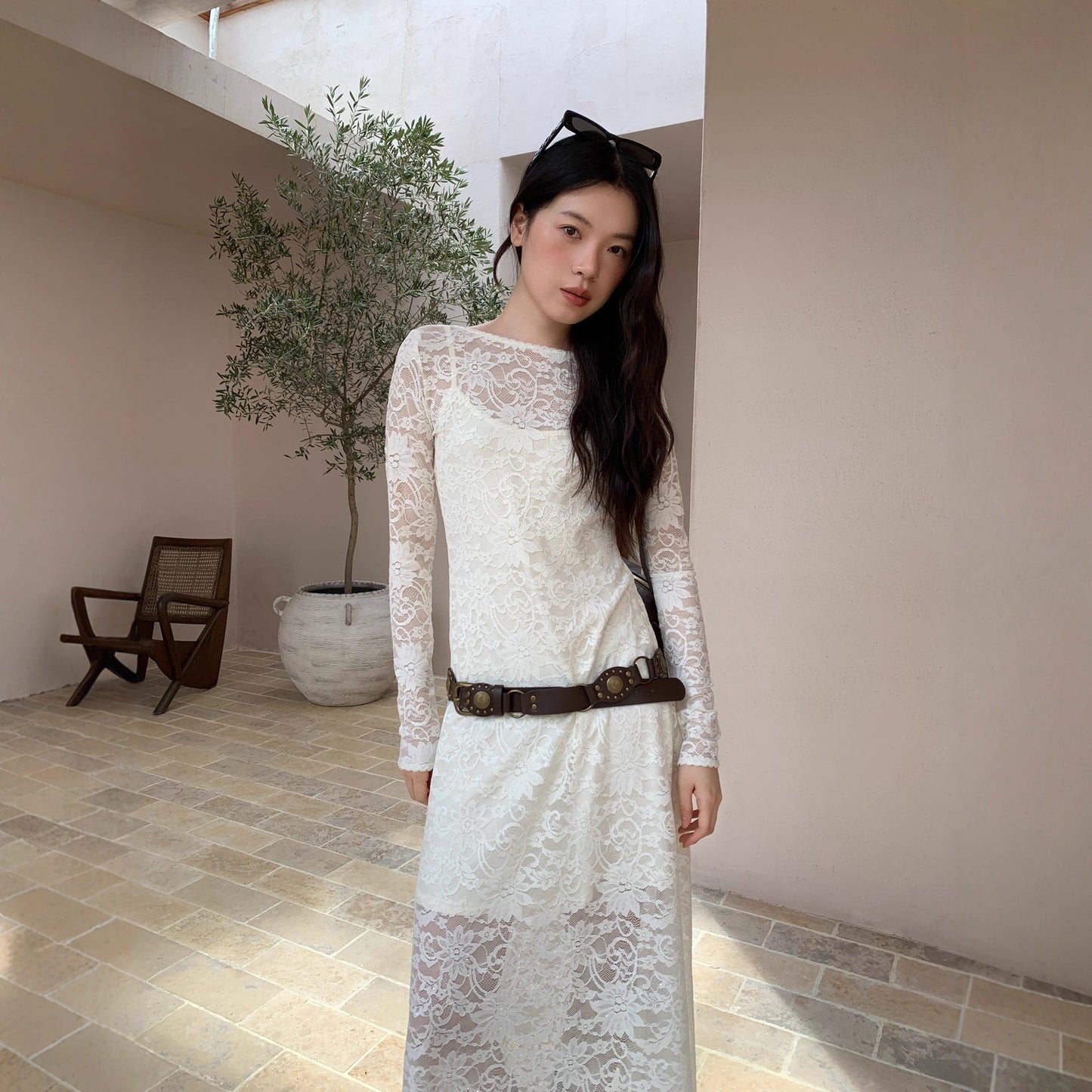 Autumn French Celebrity Temperament Waist Wrap Hips Hollow Lace Dress