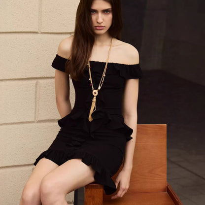 Sexy one-word shoulder dress slim-fitting ruffle edge short skirt wind waist hip skirt