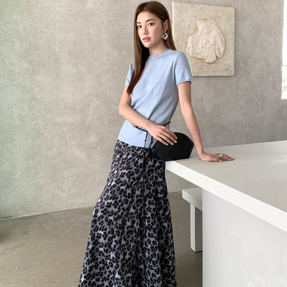 Spring retro fashion leopard print skirt slim elegant tulle dress