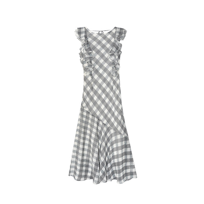 French sweet and cute plaid waist ruffle edge fishtail dress