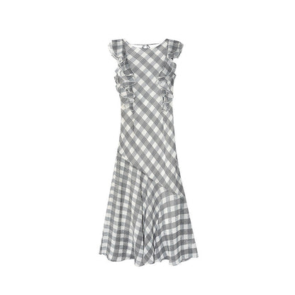 French sweet and cute plaid waist ruffle edge fishtail dress