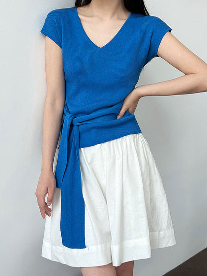 French V-neck knitted short-sleeved T women's summer new basic commuter versatile slim stretch top