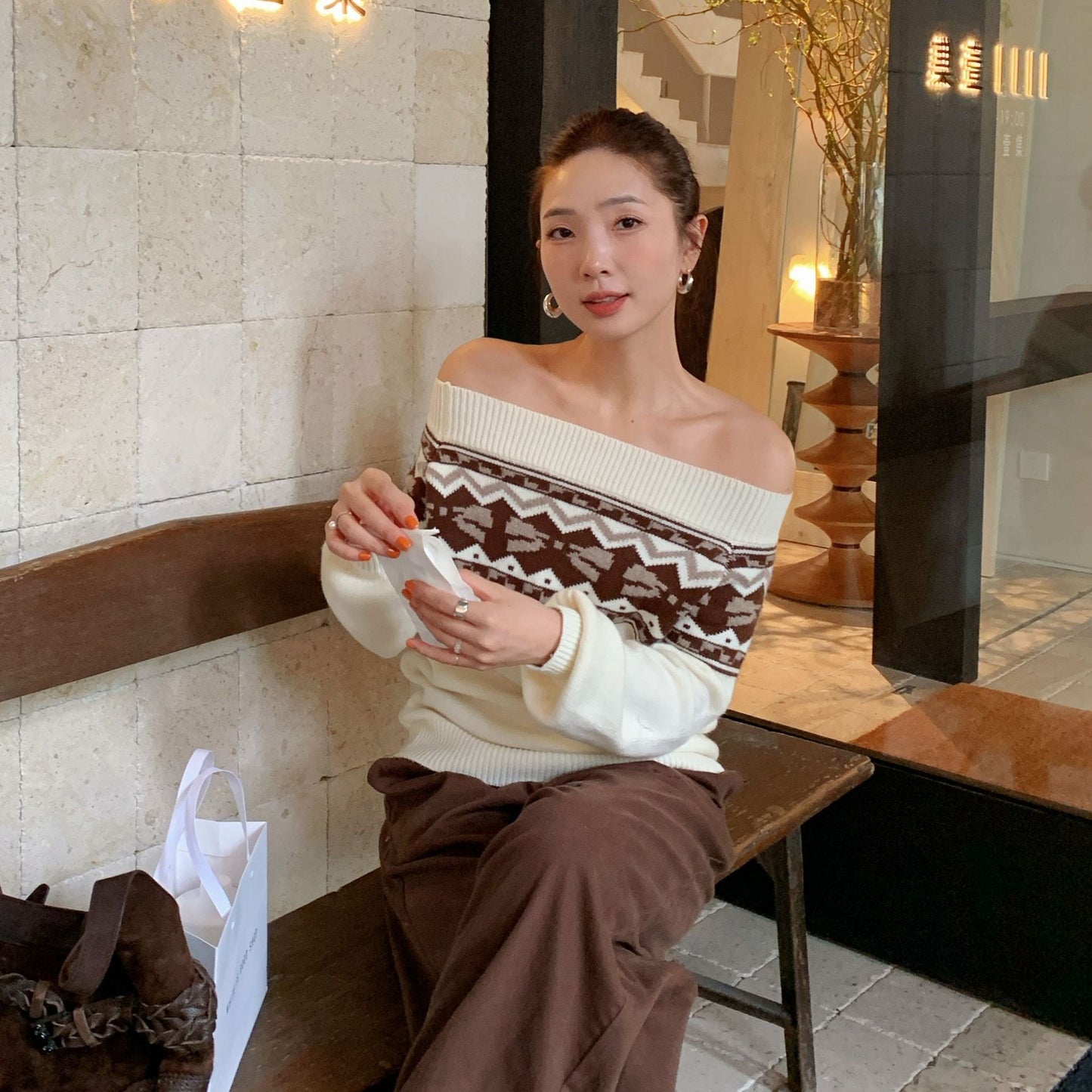 Sweet age-reducing wear loose one-word shoulder halter sweater for women