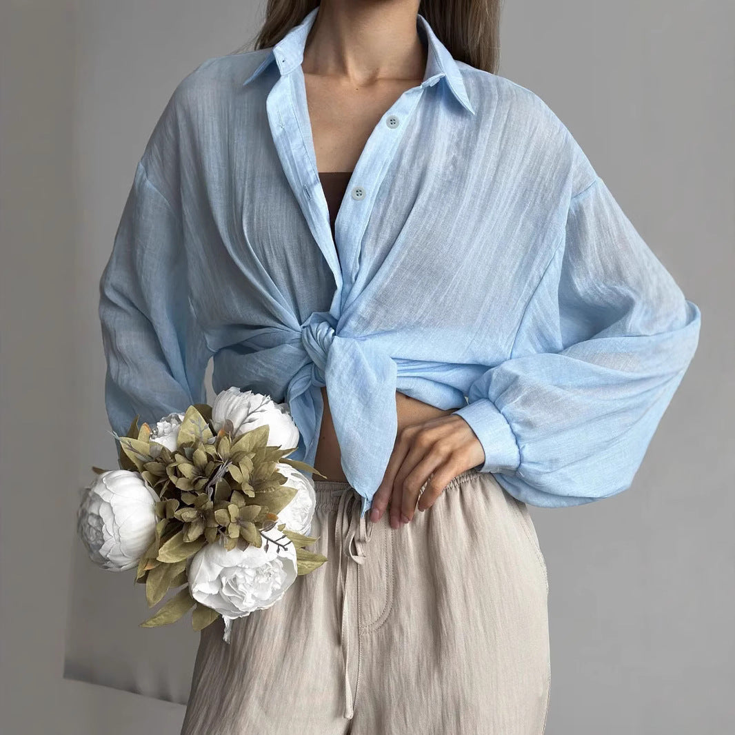 Lapel Long Sleeve Shirt Women Loose Fit Button-Front Blouse