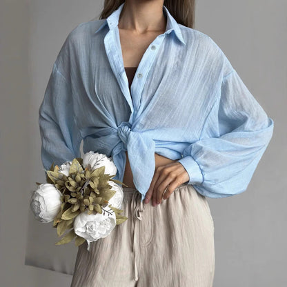 Lapel Long Sleeve Shirt Women Loose Fit Button-Front Blouse