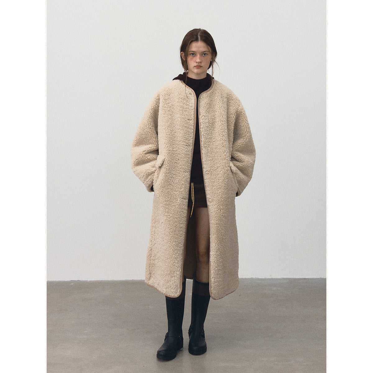 Winter new casual round neck single-breasted teddy fur integrated long plush jacket