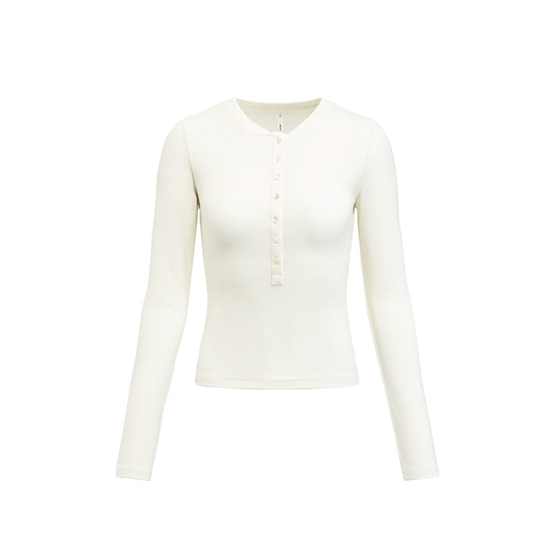 Henley Collar Slim Top Women Round Neck Long Sleeve Fitted T-Shirt