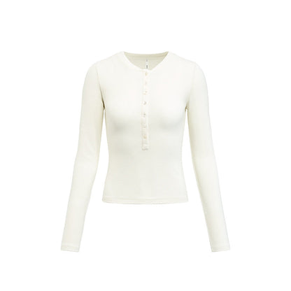 Henley Collar Slim Top Women Round Neck Long Sleeve Fitted T-Shirt