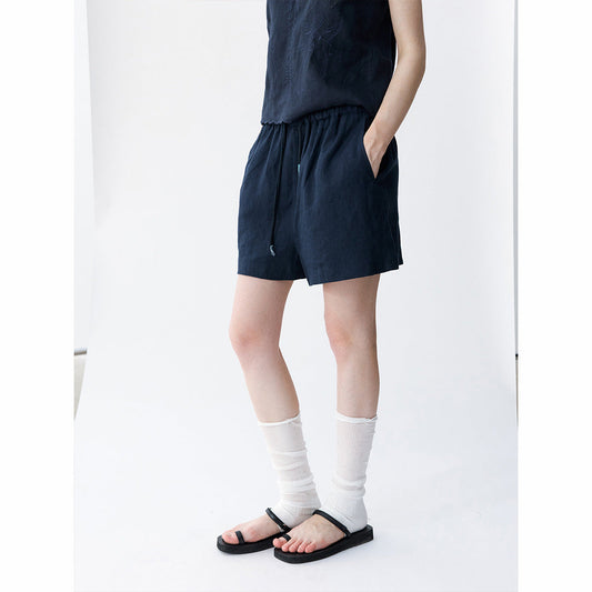 Summer new casual high waist pure linen drawstring solid color easy short casual pants