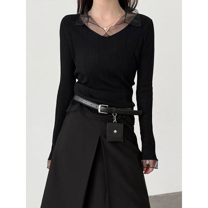 Korean mesh splicing V-neck knitted bottoming shirt women's early spring wool thin pit strip T-shirt