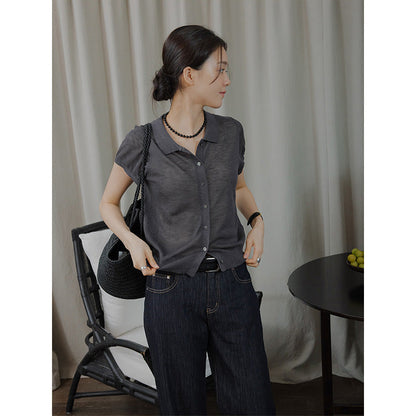 Delicate embroidered lapel single-breasted knitted sweater on the back